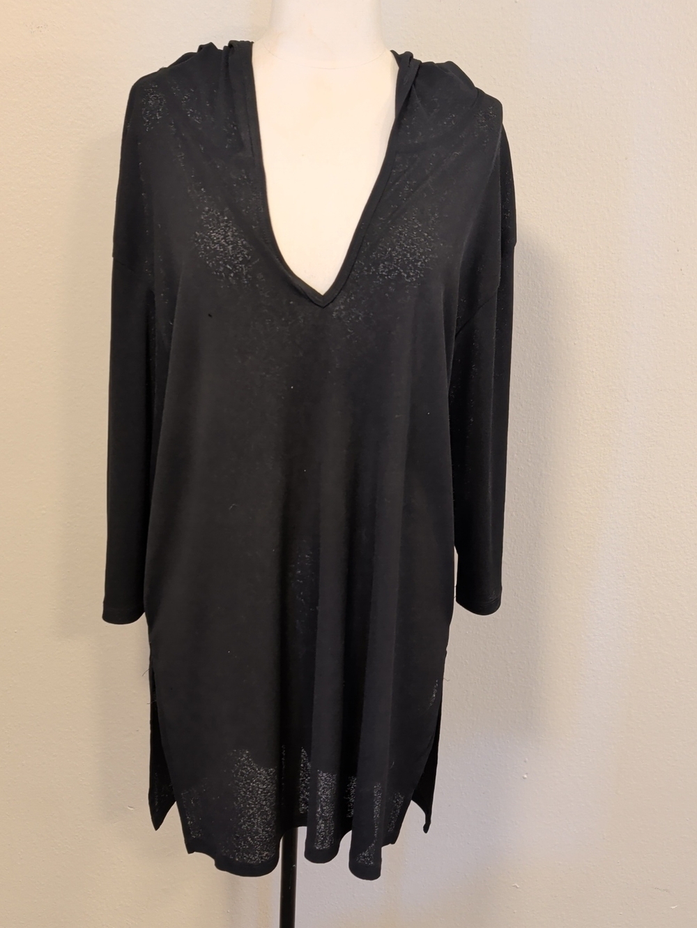 Black Hooded V-Neck Tunic with Subtle Shine